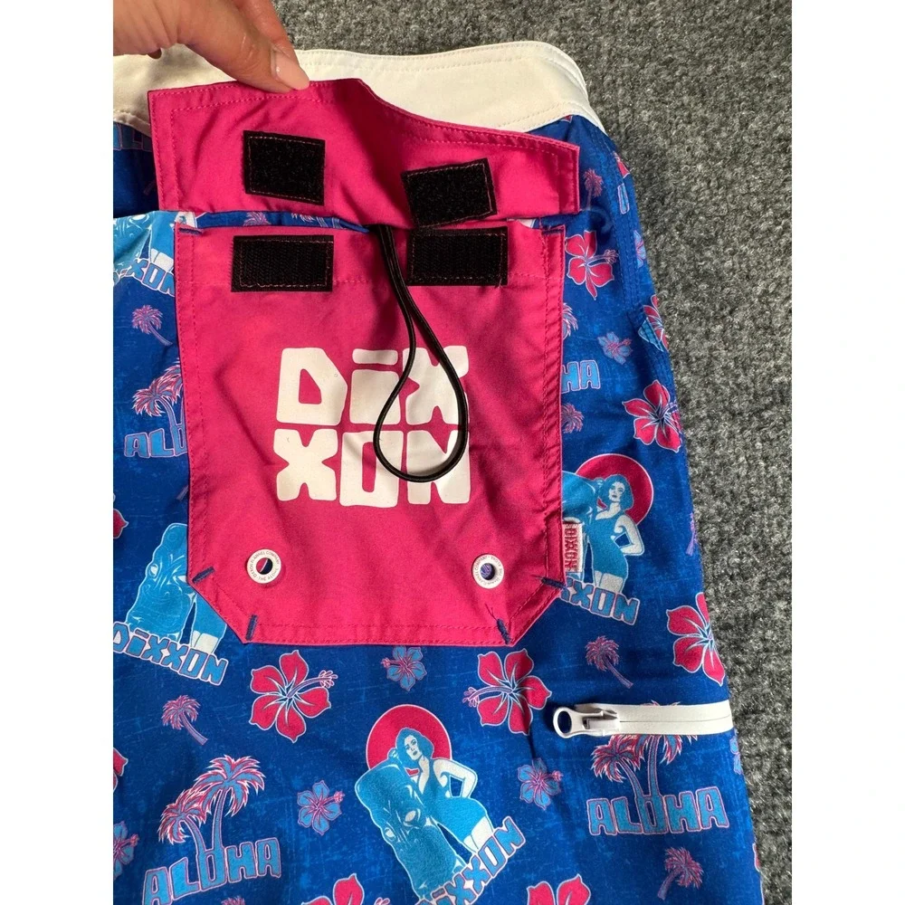 Dixxon Aloha Pin Up Board Shorts Mens 32 Blue Pink Floral Hibiscus Swim Trunks